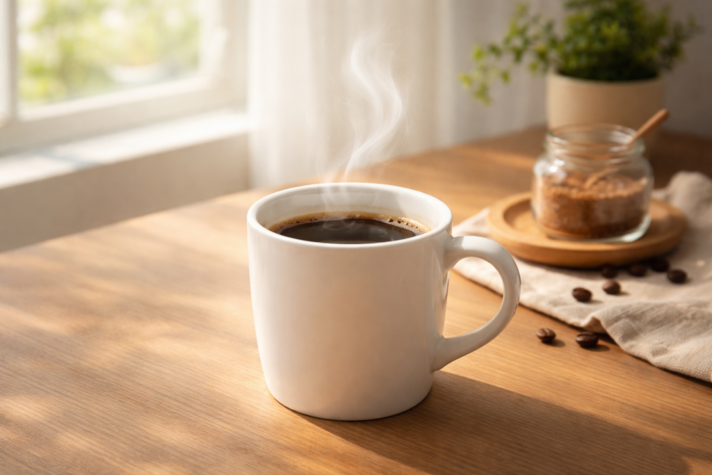 明るい昼の自然光で湯気が立つコーヒーカップ